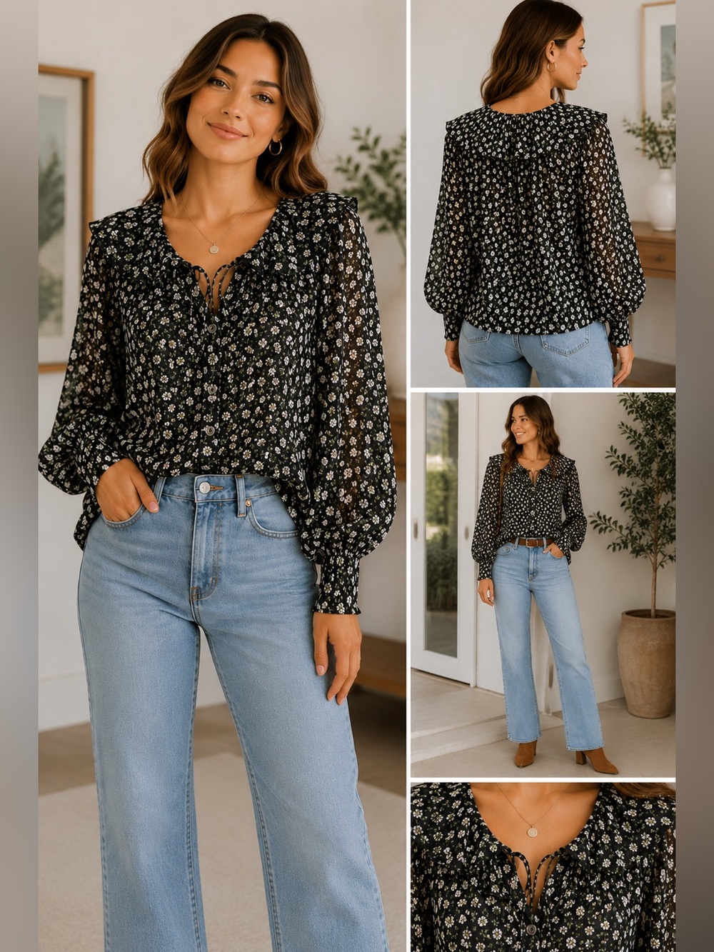 Anthropologie Black Floral Sheer Peasant Blouse XS Romantic Cottagecore Top